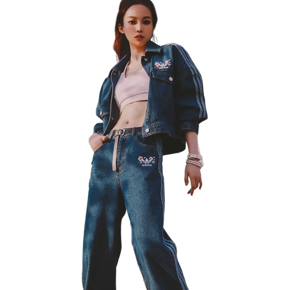 adidas Originals Trefoil Cherry Blossom Limited Edition Denim Jacket With Logo Print Single-Breasted Long Sleeve Women Outerwear Indigo IP3767