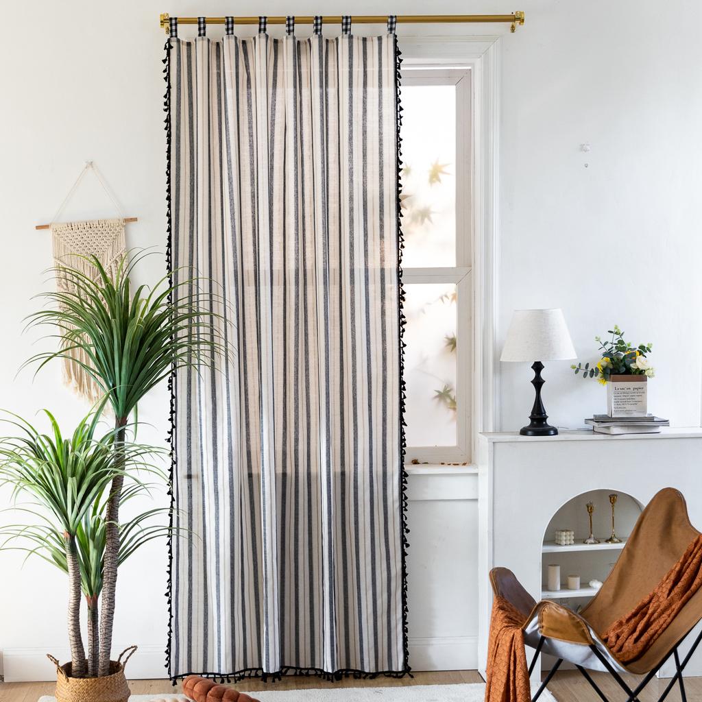 American Curtains Finished Black And White Woven Stripes Black Tassel No Punching Living Room Kitchen Curtains