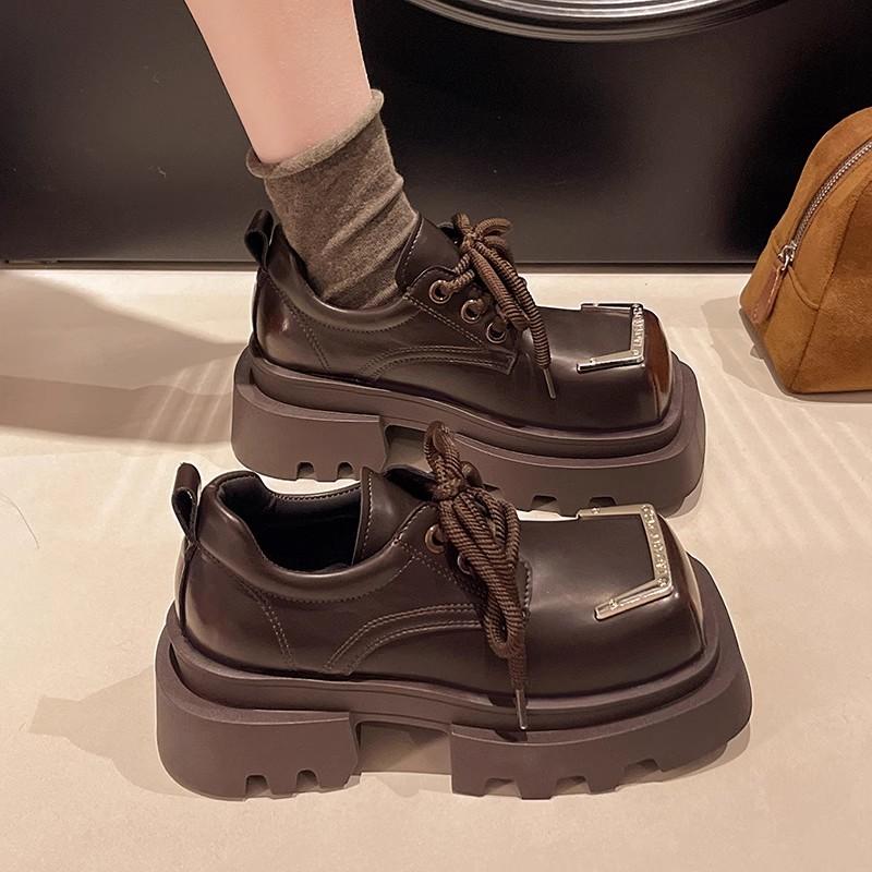 7cm Retro Metal Buckle Thick Heel Casual Lace Up Leather Shoes Spring New Slimming Flat Footwear Fashionable Flats Loafers 35 коричневый 6748₽