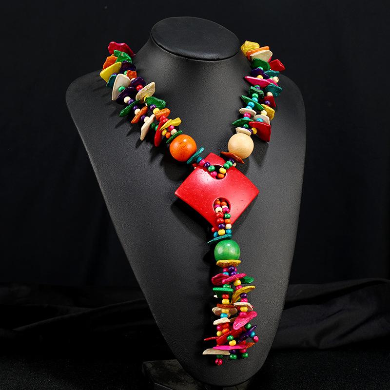 Bohemian Holiday Style Colorful Wood Necklace with European and American Ethnic Style Long Style Exaggerated Personalized Accessories for Women