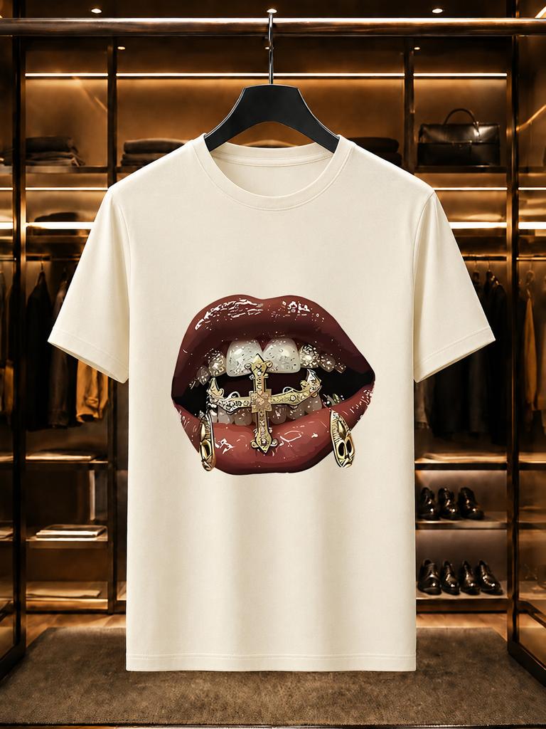 2026 New Arrival 100 Cotton Tshirt Hip Hop Gold Grillz Cross Diamond Lips Print Crew Neck Unisex Casual Short Sleeve Tee