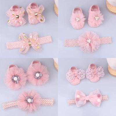 Lovely Pearl Bows Newborn Baby Girl Headband Socks Set Lace Flower Baby Hair Band Turban Little Girls Hair Accessories