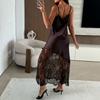 Women's Spaghetti Strap Deep V Maxi Dress Slim Fit Mid Waist Satin Lace Patchwork Party Dress