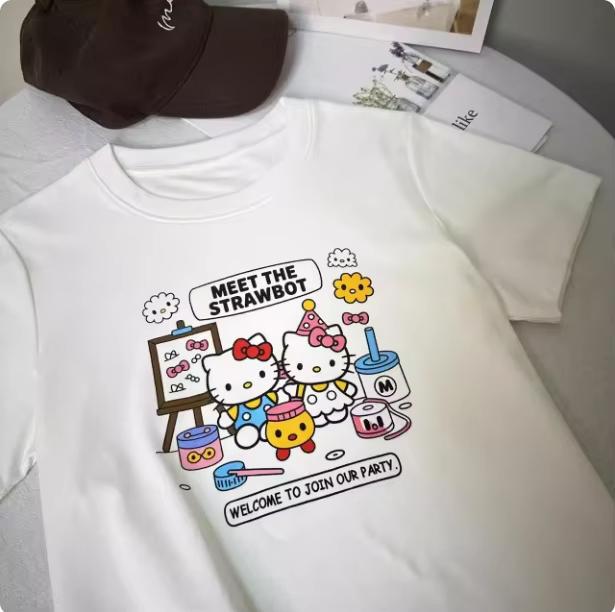 

Sanrio 2026 Summer Comic Form Hello Kitty Image 100 Cotton Printed Casual Tshirt Adult Children Parentchild Top Casual Wear S