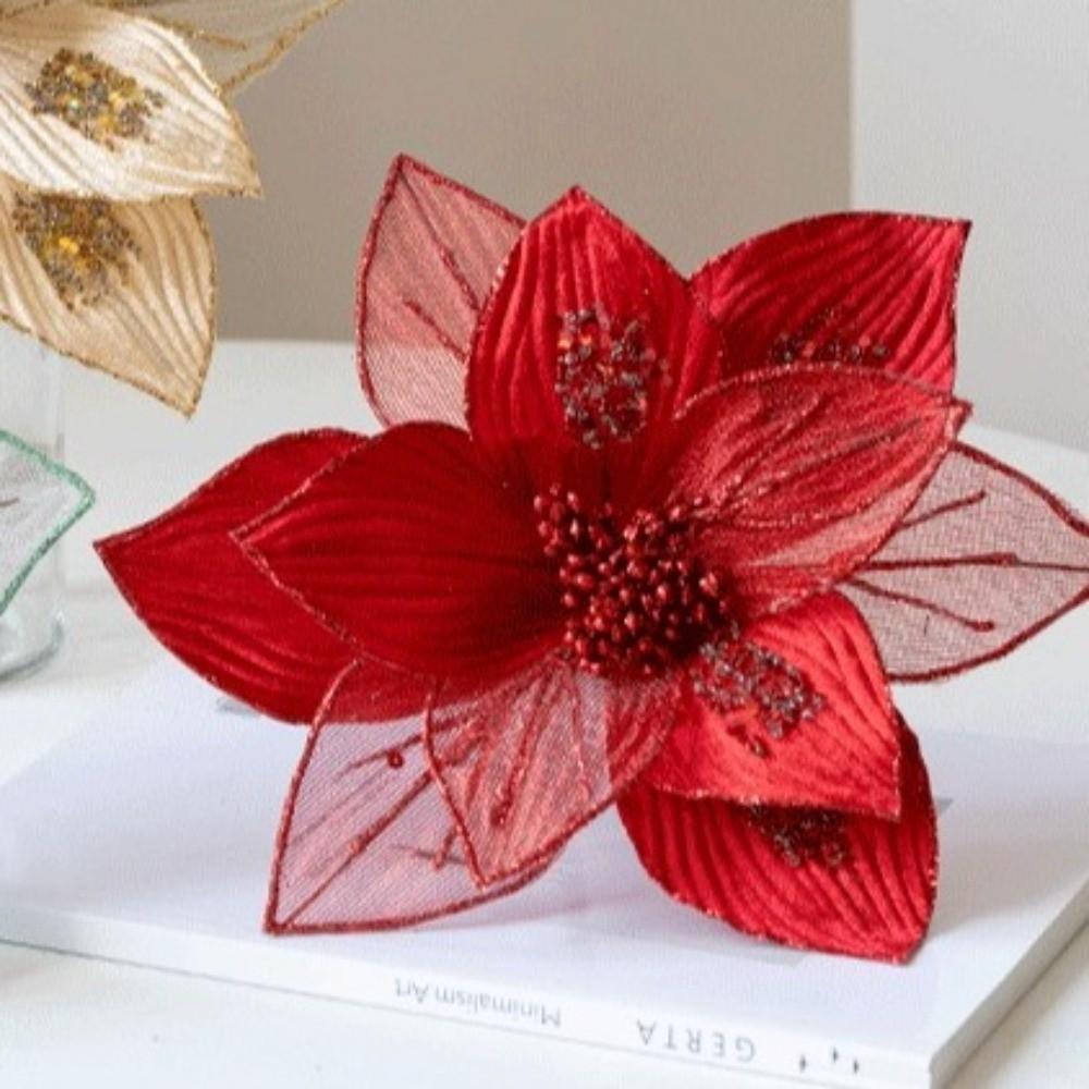 Realistic Glitter Christmas Poinsettia Velvet Christmas Tree Ornaments  Christmas Party