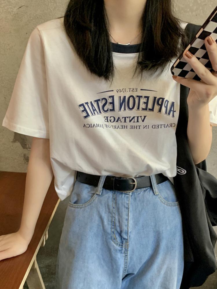 O-Neck Retro Print Tshirt Women Short Sleeve Tee Casual Tank Tops Color-Blocking Crop Top Ladies Summer T Shirt Y2k Streetwear