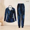 Women Plus Size Nurse Scrub Set V Neck Long Sleeve Printed Navy Blue Black Pocket Top And Pants