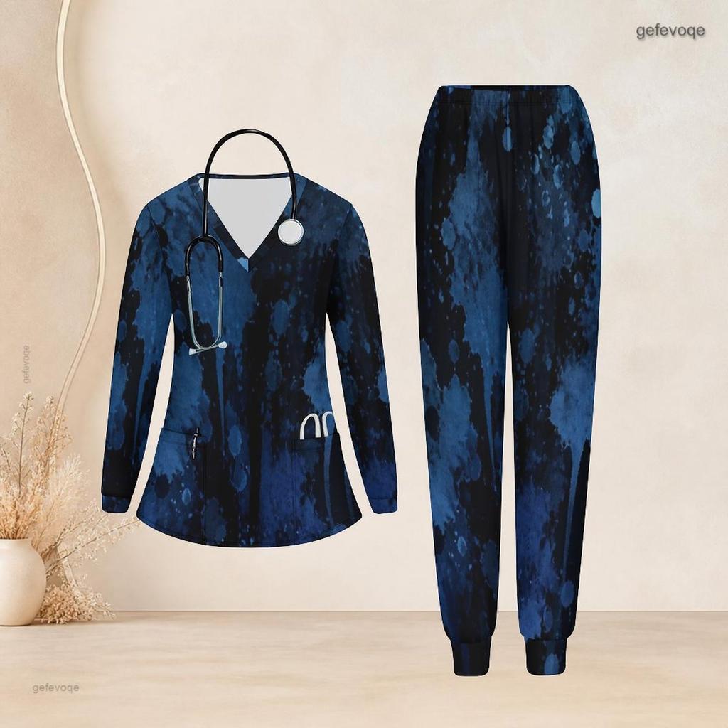 Women Plus Size Nurse Scrub Set V Neck Long Sleeve Printed Navy Blue Black Pocket Top And Pants