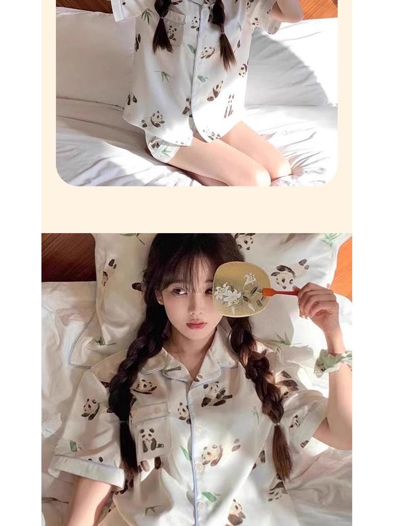Summer Ice Silk Pajama Set: Cartoon Little Panda Short Sleeve & Shorts for Women