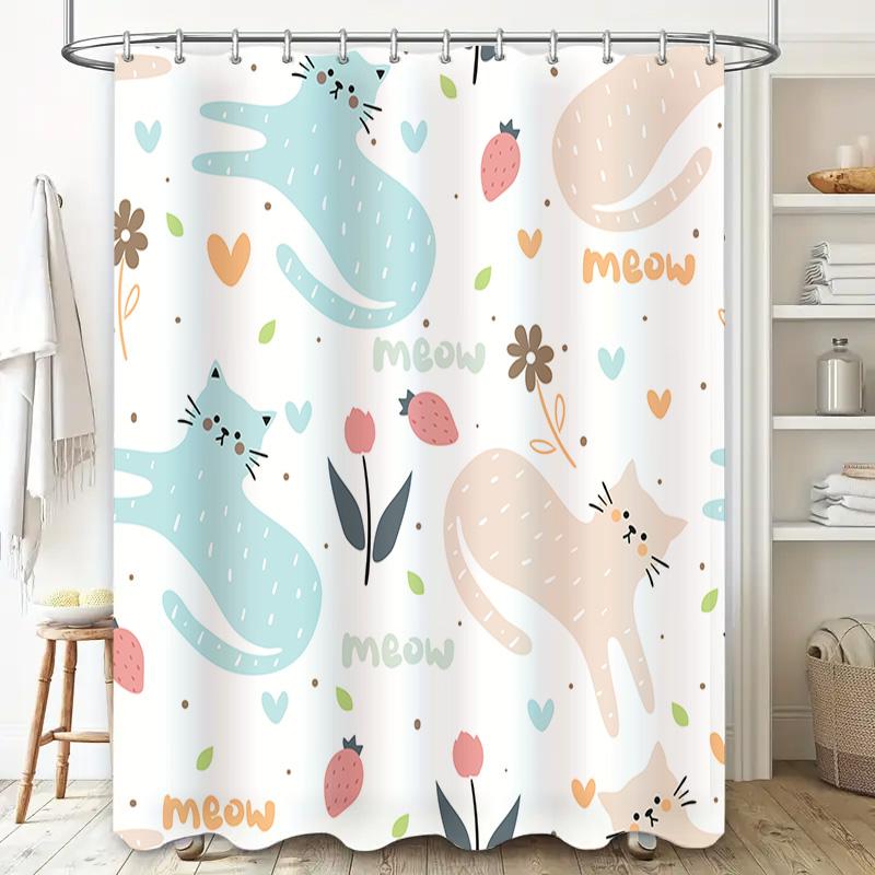 Modern Home Decor: Adorable Cat Shower Curtain Set For Bathroom Pink Blue Floral Pattern With Strawberry Design Easy Install Hoo