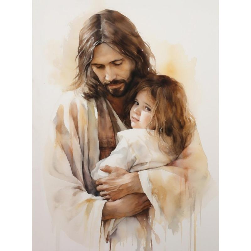 Jesus og Barn Kristus med Gutt Jesus Portrett Kristus Barnehage Akvareller Plakat Lerret Maleri Veggbilder Hjemmeinnredning