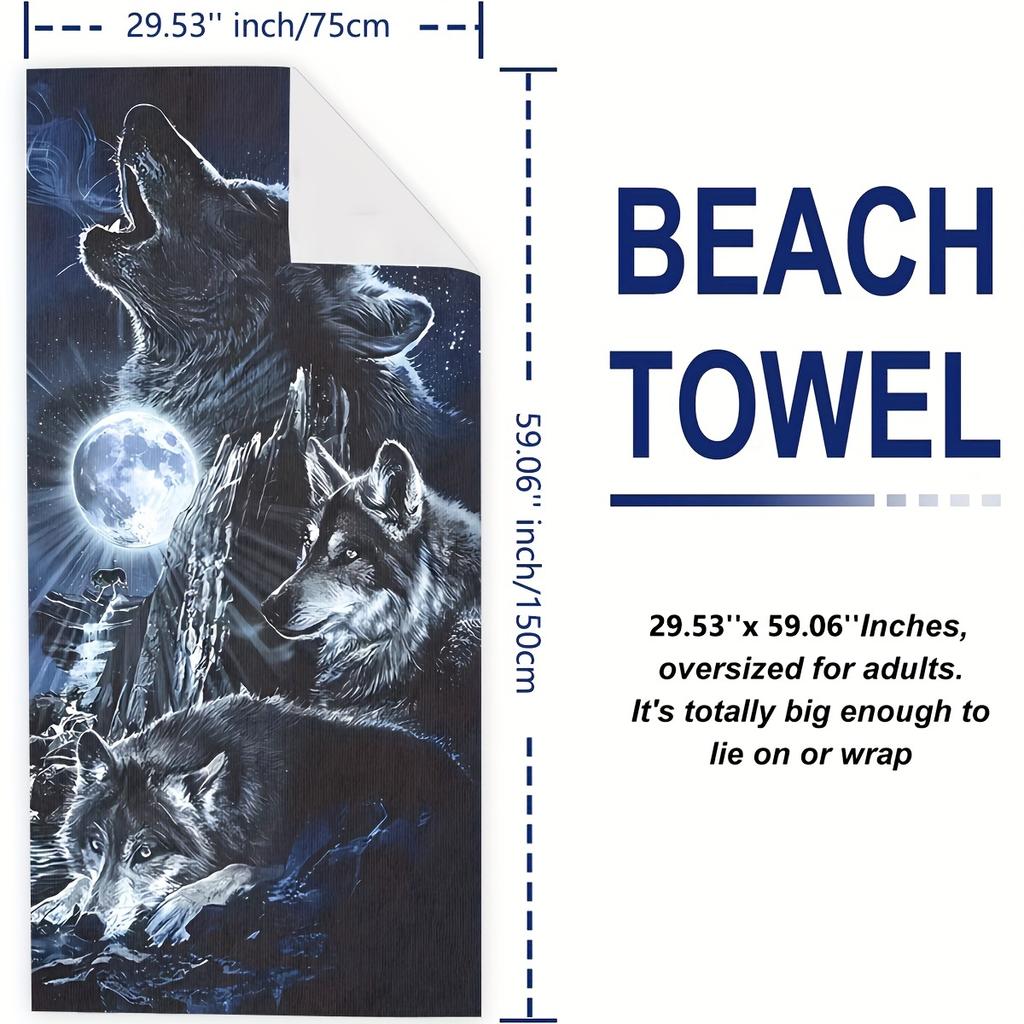 Dames Oversized Microvezel Strandlaken, Lichtgewicht, Sneldrogend, Wolf Patroon, Winddicht & Zonwerend, Perfect voor Buitenreizen