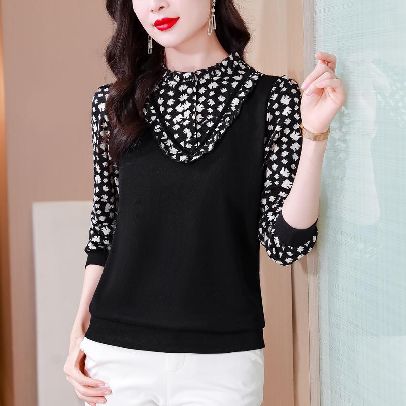 2026 Spring and Autumn Long-Sleeve Slim-Fit Shirt with Ruffled Edge and Printed Design for Women