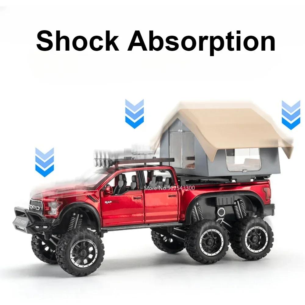 1:24 Scale Raptor F150 Car Model Toy Metal Diecast Doors Opened Camping RV Light Sound Miniature Vehicle Kids Birthday Gift