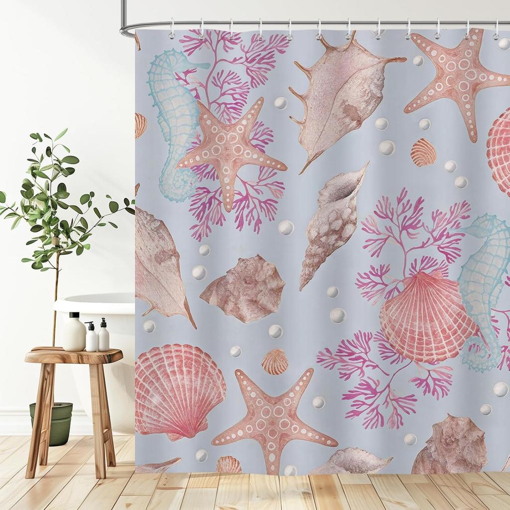 Nautical Coastal Shower Curtain, Beach Ocean Themed Shower Curtain Coastal Starfish Seahorse Seashells Coral Vintage Waterproof