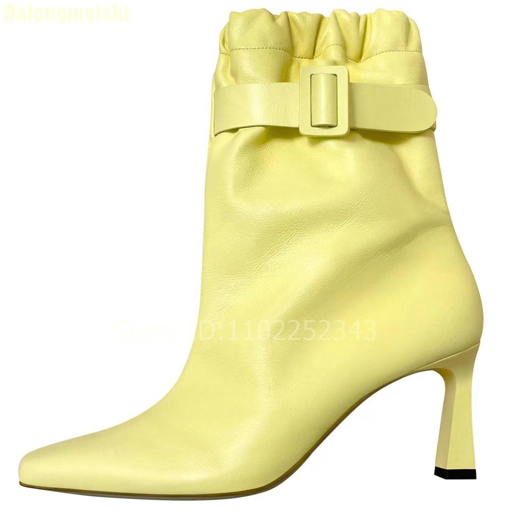 Fashion 2025 New Fashion Solid Color Short Boots Ankle Belt Buckle Elastic Band Mid Heel Boots Thin Heel Pointed Toe Leather Shoes Boots
