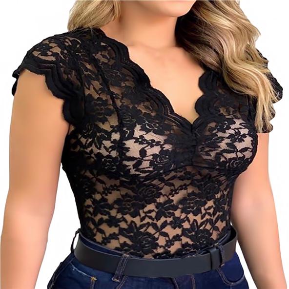 Summer Fashion Lace Blouse for Women Short Sleeve Sheer See Through Top Deep V Neck Slim Fit Sexy Casual Shirt for Daily Beach Holiday