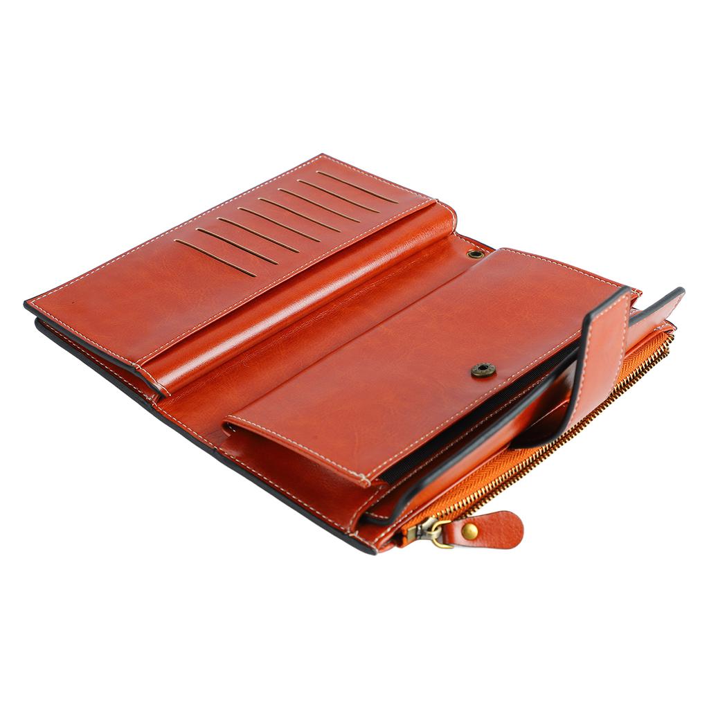 Gewachstes Kartenetui Große Kapazität Langer Typ Mehrschichtiges Kartenetui mit Blocker für Damen Lady Outdoor Vintage Braun Lang