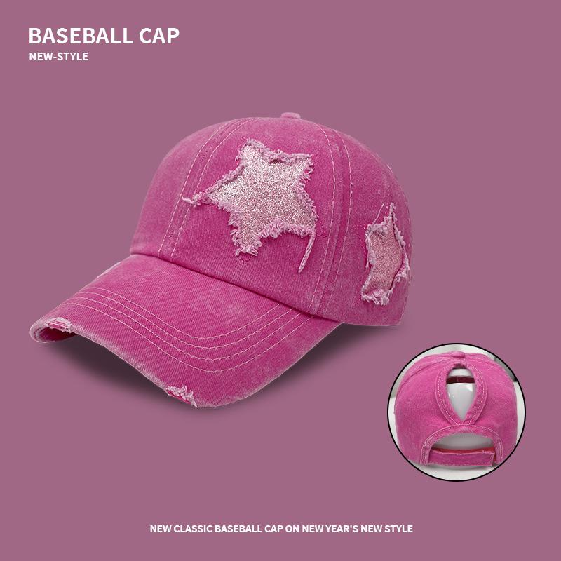 

Pentagram retro hole sequined baseball cap women s fashion versatile face small wash old cap Adjustable 54-59cm