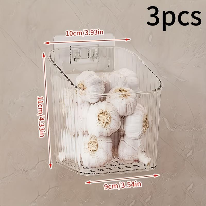 3pcs wall-mounted ginger & garlic storage boxes, no-drill, visible plastic baskets, for kitchen & bathroom, home & commercial use