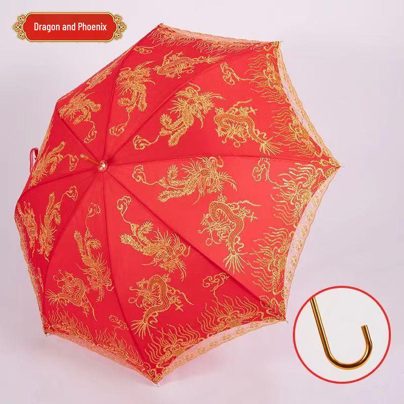 Eleganter roter Brautschirm mit gestickter Spitzkante und langem Griff für Hochzeiten
