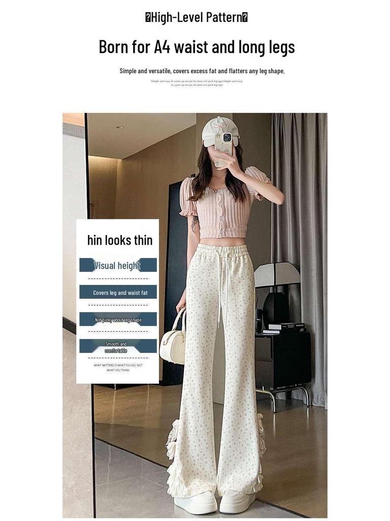 Lace Bow Floral High-Waisted Wide-Leg Summer 2026 Women's Casual Pants