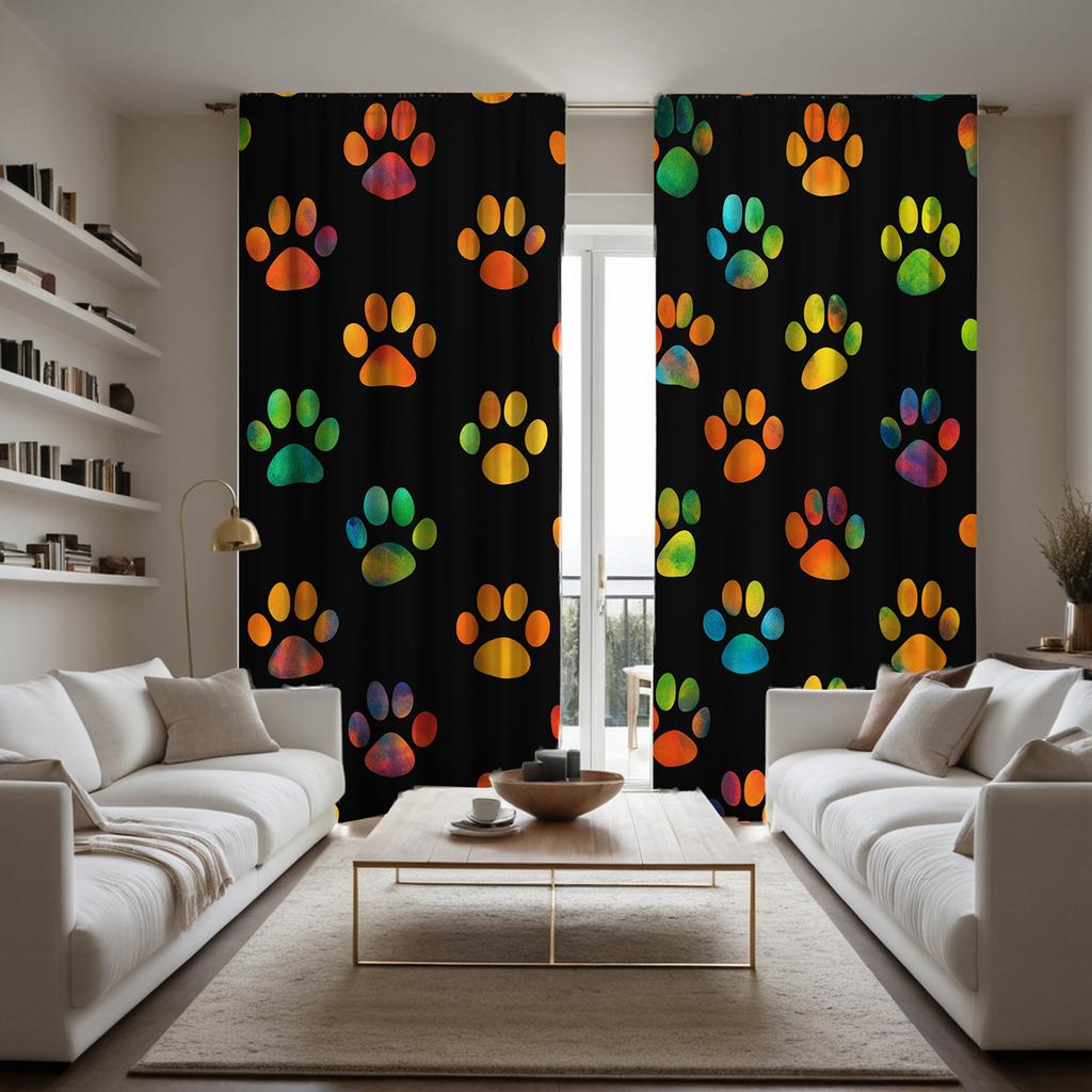 2 Stück HD Digital Schwarze Farbe Tierpfotenabdruck Vorhänge Heimdekorationsstil Dekoration Wohnzimmer Schlafzimmer Ösenvorhänge