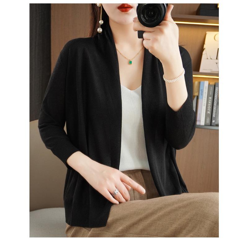 Dünne Strickjacke aus Eisseide und Leinen für Damen, langärmelig, Strickmode, locker, elegant, Schal, lässiger Mantel, einfarbig, einfaches Grundmodell, Pendeln, Frühling, Herbst