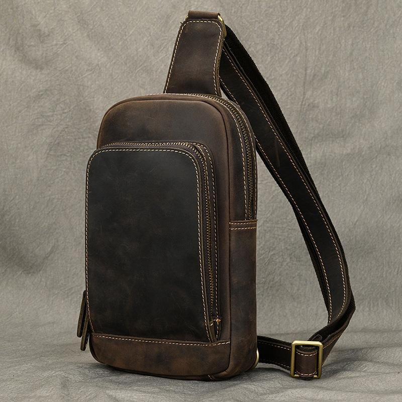 Simple Style Leather Chest Bag Crazy Horse Leather Retro Chest Pack Sling Bag Crossbody Chest Packs Thick Cowhide Men's Bags