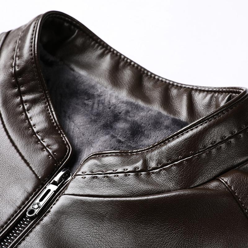New Autumn and Winter Velvet Thickened Leather Jacket Men's Stand-up Collar Leather Jacket Trendy Simple Business Casual Leather Jacket