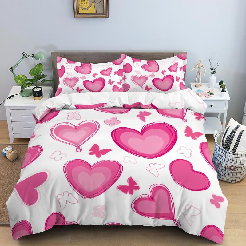 Love Heart Duvet Cover Set Romantic Theme Heart Shaped Comforter Cover King Full Size For Kid Couple Lover Polyester Bedding Set