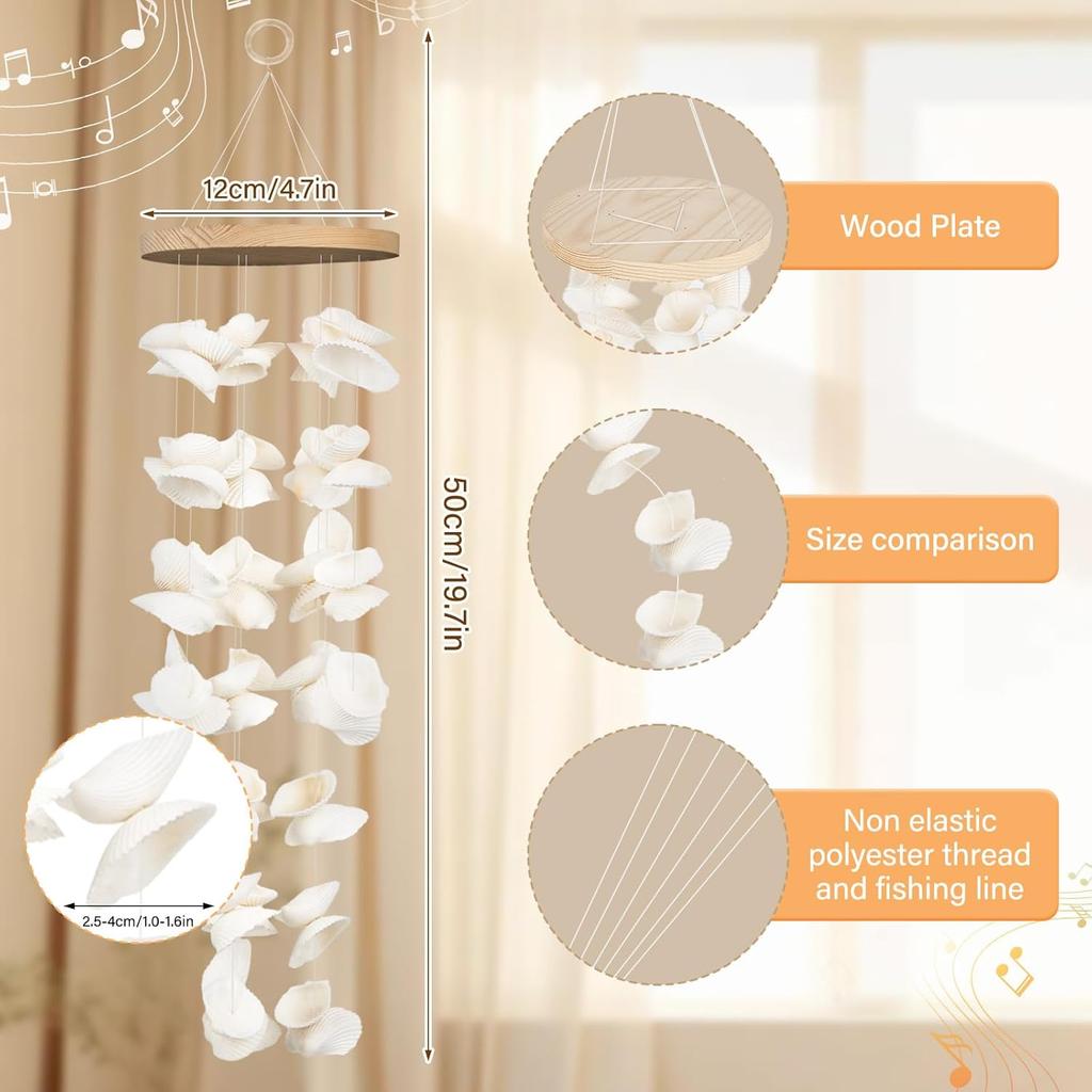 White Sea Shell Wind Chimes for Outside Handmade Beach Style Windchime for Patio Garden Beach Coastal Wedding Decor