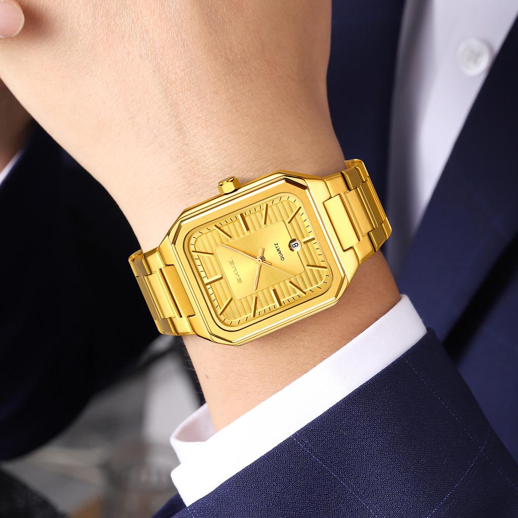 SKMEI Luxury Business Square Quartz Watches Classic Stripe Design Dial with Stainless Steel Band Wristwatch for Men