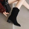Krazing Pot Cow Suede Nubuck Winter Round Toe Modern Boots Med Heels Slip On Pleated Decoration Women Mid-calf Boots