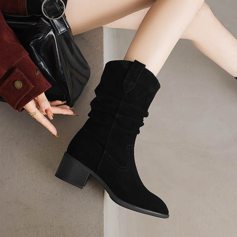 Krazing Pot Cow Suede Nubuck Winter Round Toe Modern Boots Med Heels Slip On Pleated Decoration Women Mid-calf Boots