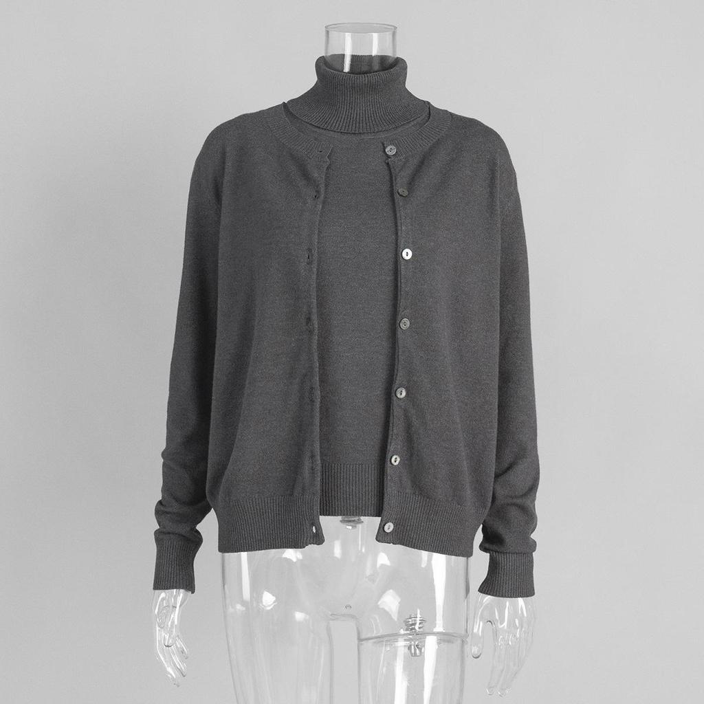 European-American High Neck Knit Sweater Cardigan Set for Spring/Autumn 2026 - Women's Long Sleeve Top + Cardigan