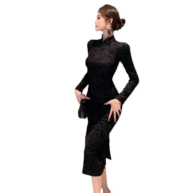 Women's retro national style dark pattern jacquard cheongsam slim dress