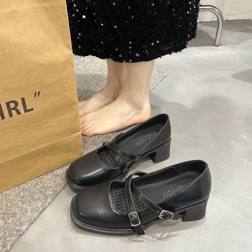2024 New  Spring Women Shoes  Leather Mary Jane Shoes Square Toe Chunky Heel Women Shoes Retro Buckle Mid-heel Pumps