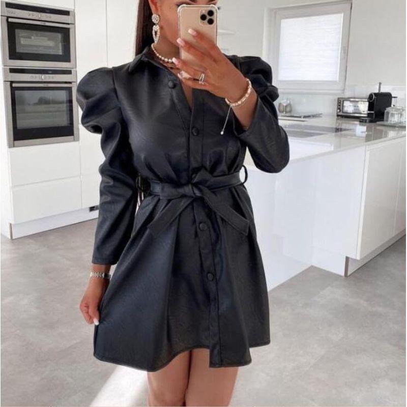 

Autumn and Winter Young Khaki Polo Collar Single-Breasted Leather Skirt Black S