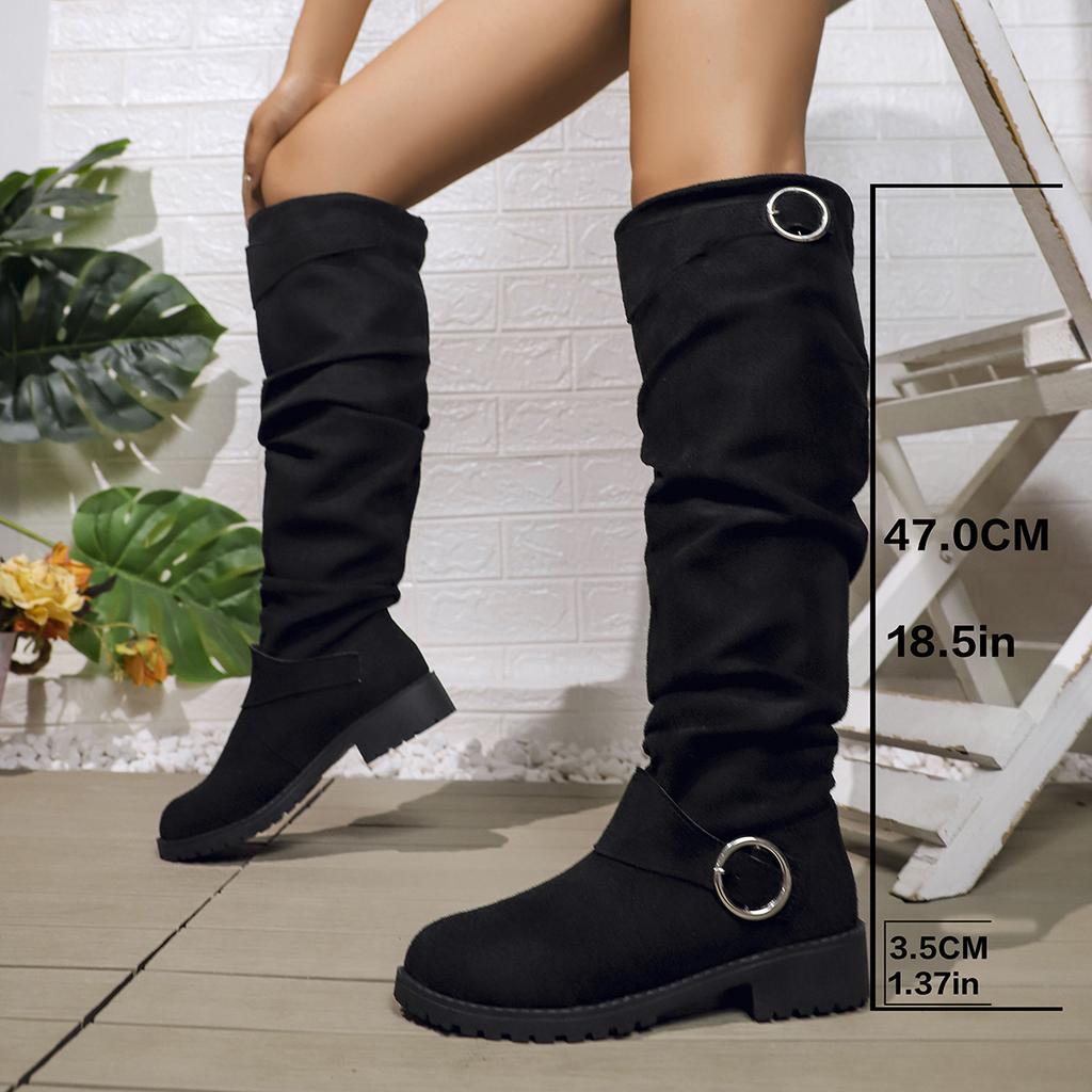 Women's Fashion Belt Buckle Knee-High Long Boots Comfort Round Toe 3.5cm Middle Heels Pleated Outdoor Boots Casual Women Shoes