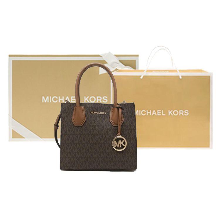 Michael Kors MK Mercer Serie Klassisch Französisch Vintage Monogramm Farbblock PVC-beschichtetes Segeltuch Akkordeon-Tasche Damen Handtaschen Braun 35S1GM9M2B-BRN