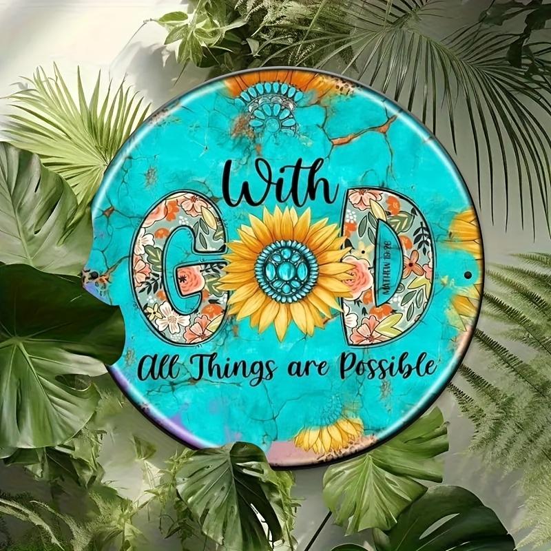 D Flat With God All Things are Possible Sunflower  Floral Round Tin Sign Christian Metal Wall Art for Religious Home Decor