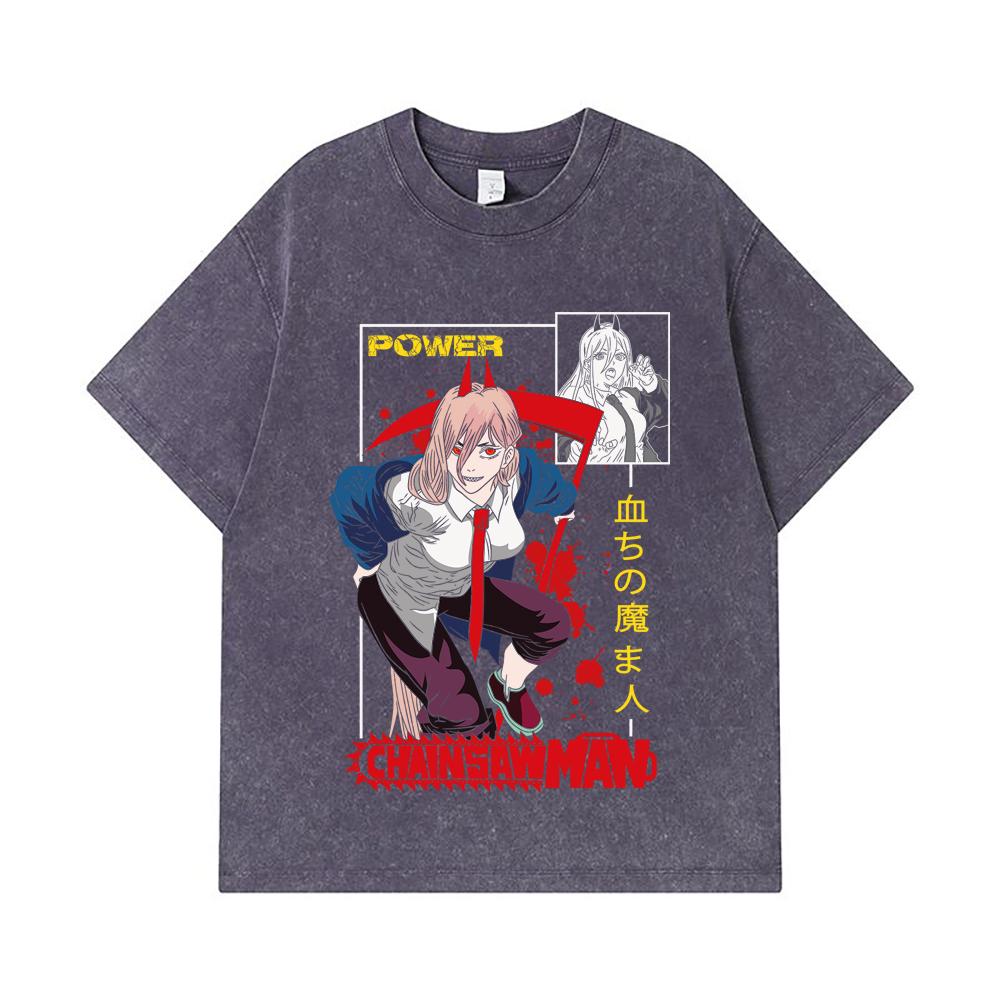 275 GSM Washed T-shirts 100% Cotton Chainsaw Man V40 Power Print Unisex Heavy Cotton T Shirt