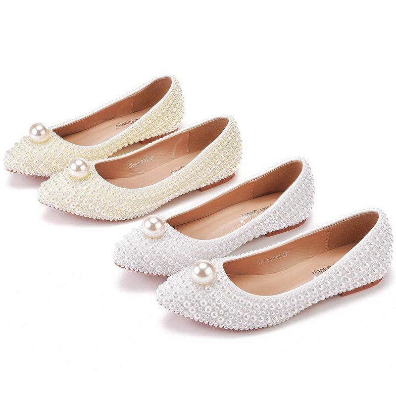 Pointed Pearl High Heels Single Shoes Flat Leather Soles With Sweet Party Sandals Wedding Shoes