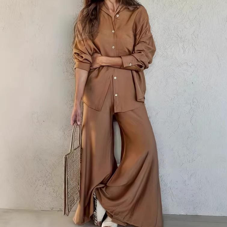 

2025 European & American Casual Autumn/Winter Breathable Shirt & Loose Wide-Leg Pants Set Extra Large