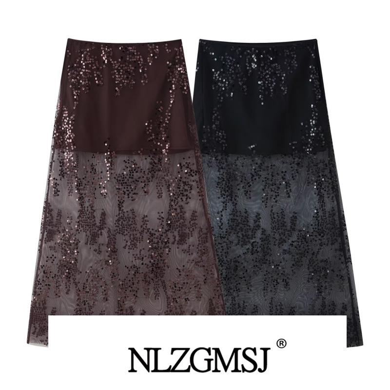 Winter 2026 European & American Style High-Waisted Two-Color Sequin Embroidered Skirt Large тёмно-рыжий