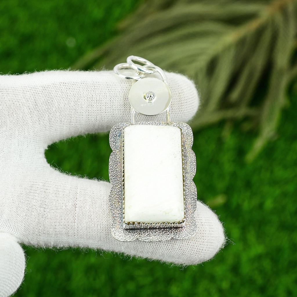 Prata 925 Retângulo Pedra Escolecita Chakra da Coroa Moldura Artesanal Pingente Esposa