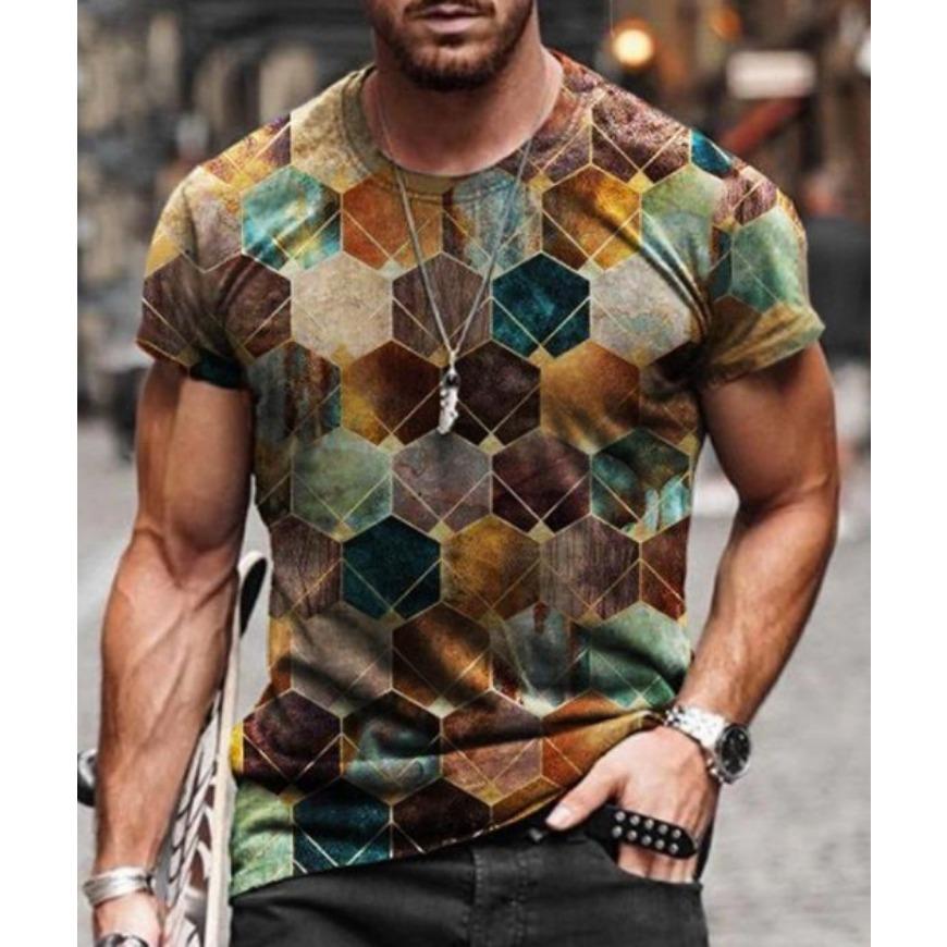 Men's T-shirt with 3D Printing for Summer, Fashionable and Casual Round Neck Short Sleeved T-shirt for Men