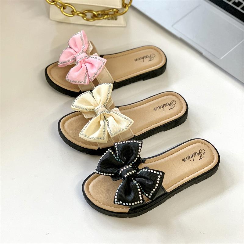 New Bow Flats Open Toe Slide Sandals Non-slip Flip Flops Children Home Slippers Kids Girls Summer Cute Beach Slippers Shoe