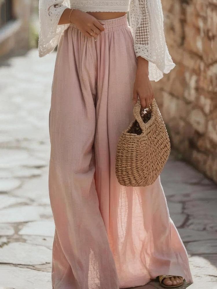 Women Summer Solid Color Loose Wide Leg Casual Long Pants